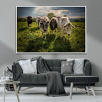 Grazing Cattle Herd Wall Art Canvas Print, Framed Green Pasture Farm Scene