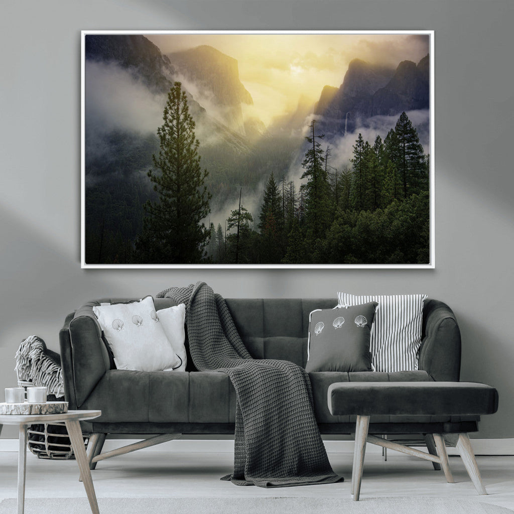 Misty Forest Sunrise Wall Art Canvas Print, Framed Mountain Valley Pine Trees