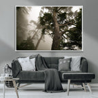 Misty Forest Wall Art Canvas Print, Framed Tall Trees in Foggy Atmosphere