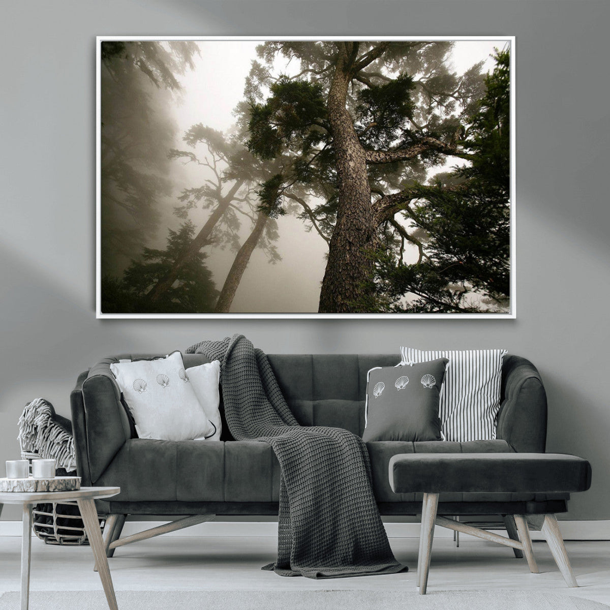 Misty Forest Wall Art Canvas Print, Framed Tall Trees in Foggy Atmosphere