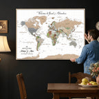 Custom Beige Push Pin World Map Wall Art, Bucket List Map, Study and Hallway Decor