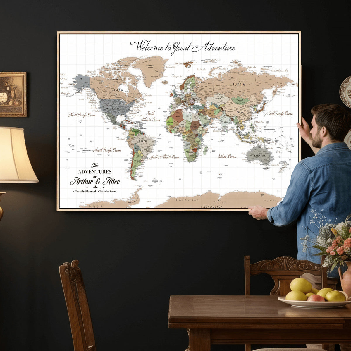 Custom Beige Push Pin World Map Wall Art, Bucket List Map, Study and Hallway Decor