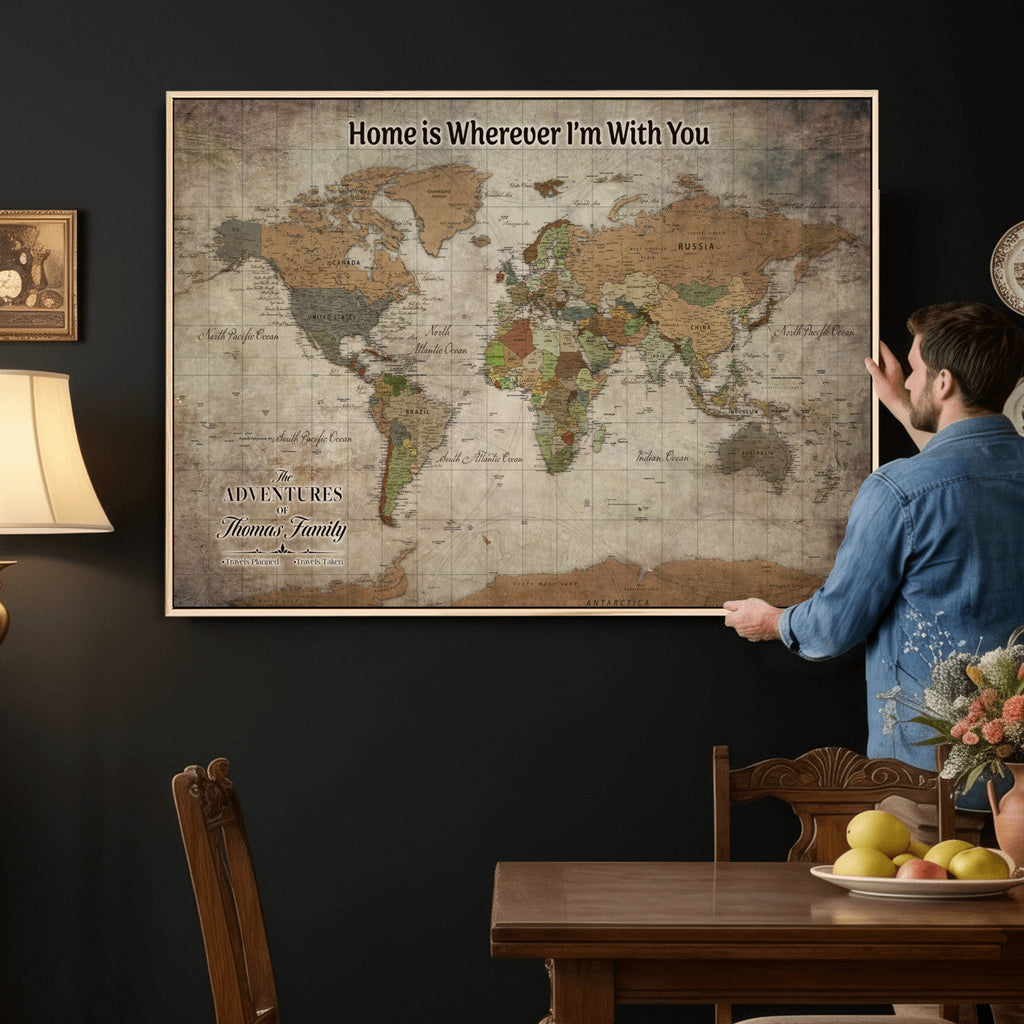 Personalized Beige Geometric World Map Canvas with Push Pins, Next Trip Planner Map, Study and Entryway Decor