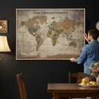 Personalized Beige Geometric World Map Canvas with Push Pins, Next Trip Planner Map, Study and Entryway Decor