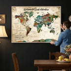 Personalized Beige Grunge World Map Canvas with Push Pins, Next Trip Planner Map, Family Room and Home Office Decor