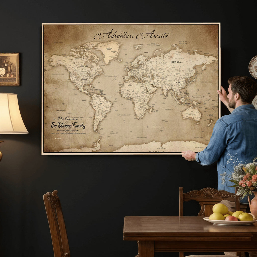 Personalized Black Modern Push Pin World Map Wall Art, Places Visited Tracker, Family Room and Bedroom Decor