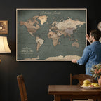Personalized Framed Beige Modern World Map Canvas with Push Pins, Bucket List Map, Family Room and Dining Room Decor