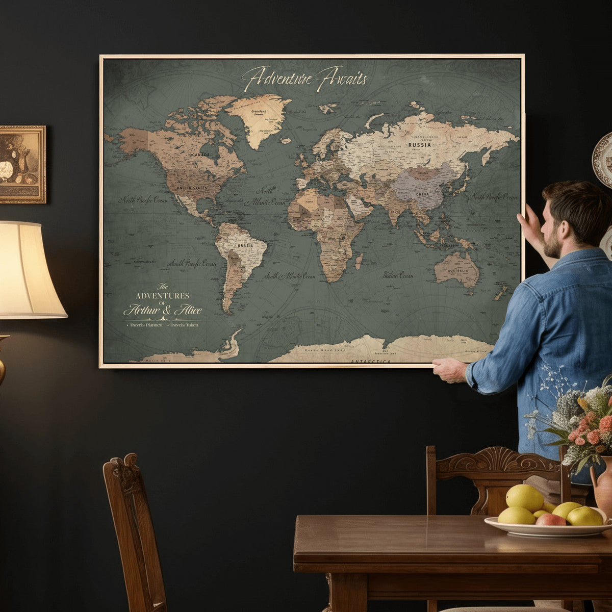 Personalized Framed Beige Modern World Map Canvas with Push Pins, Bucket List Map, Family Room and Dining Room Decor