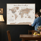 Personalized Beige Geometric Push Pin World Map Canvas Print, Countries Visited Map, Study and Home Office Decor