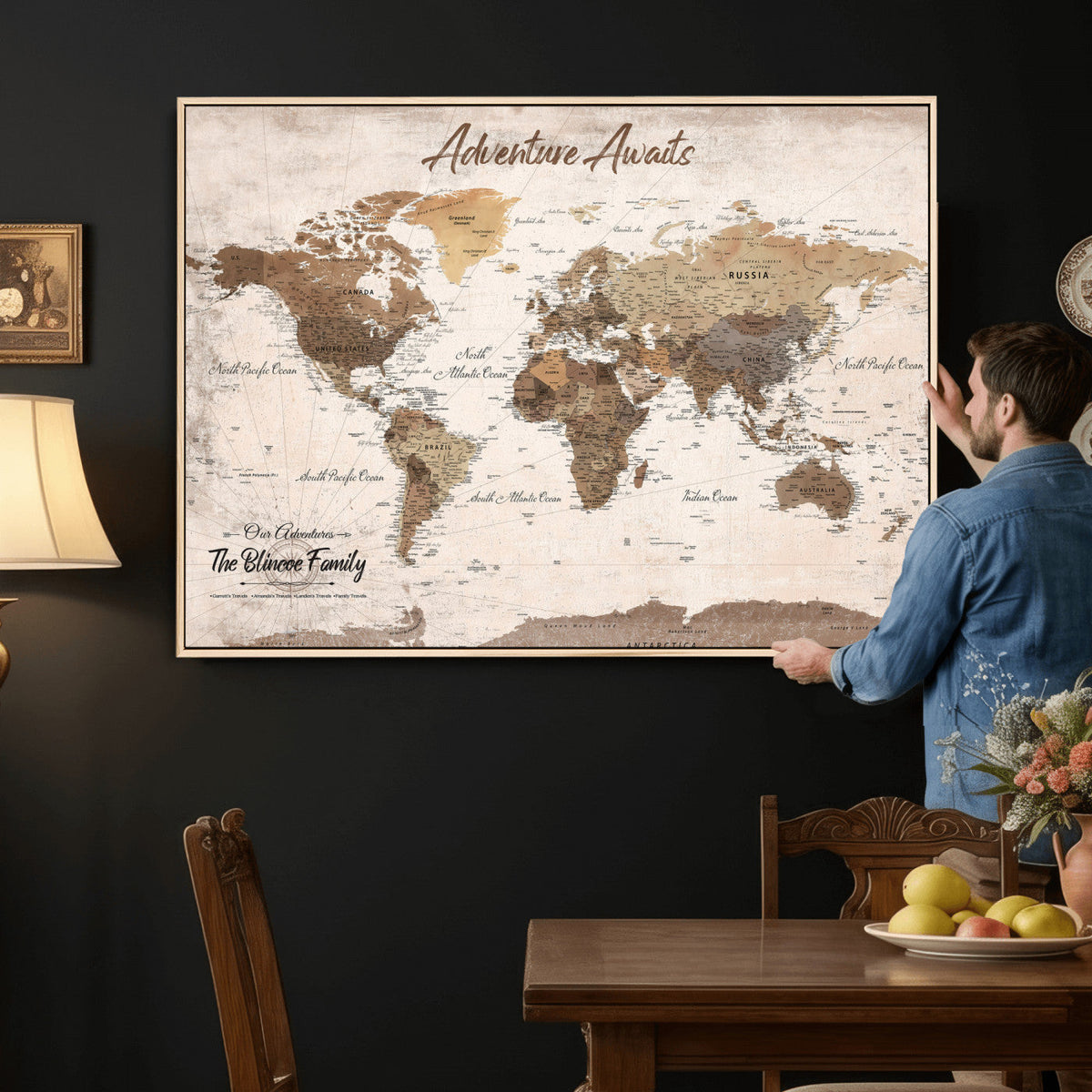 Custom Push Pin World Map Wall Art Canvas Print | Personalized Travel Tracker