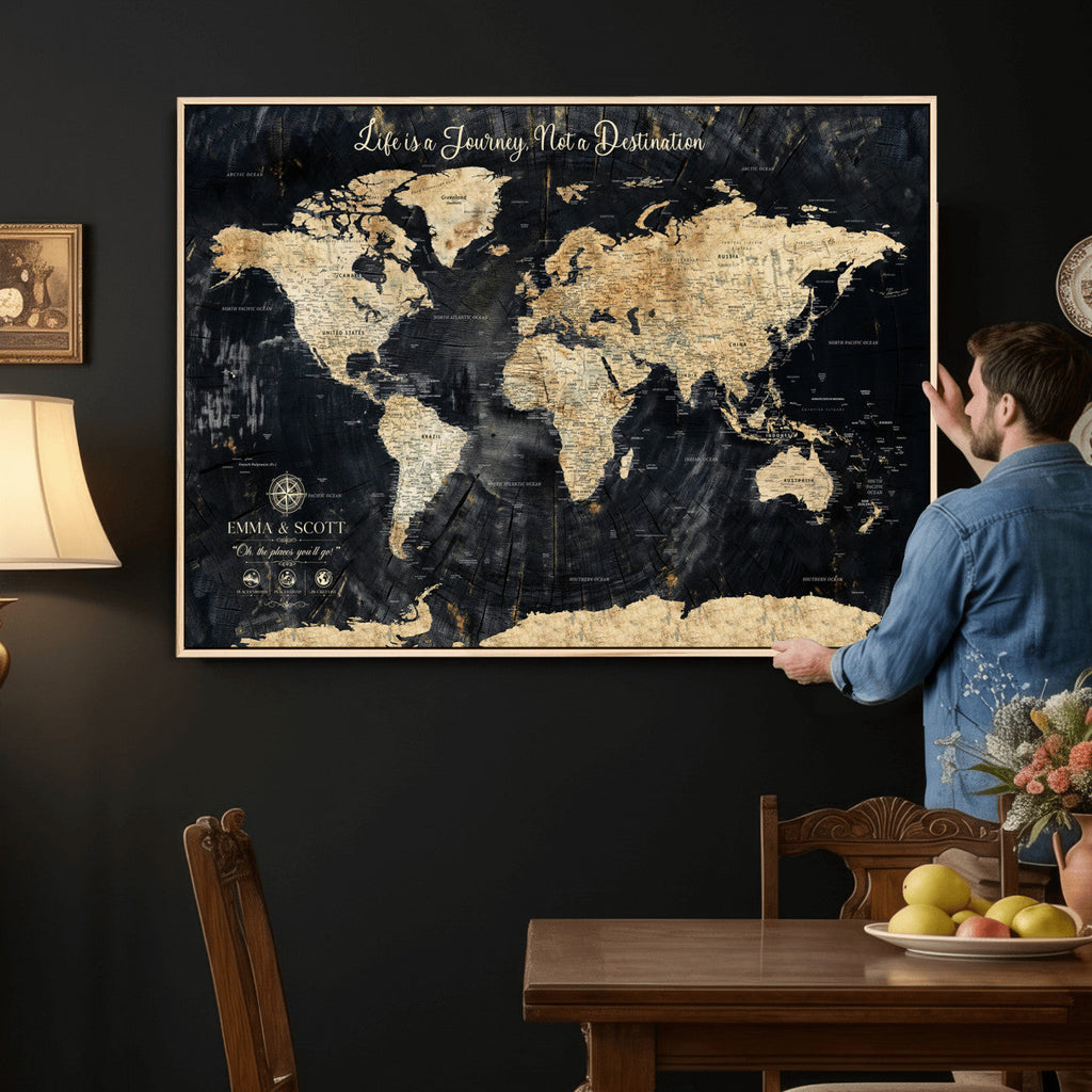 Custom Black Modern Push Pin World Map Wall Art, Next Trip Planner Map, Home Office and Entryway Decor