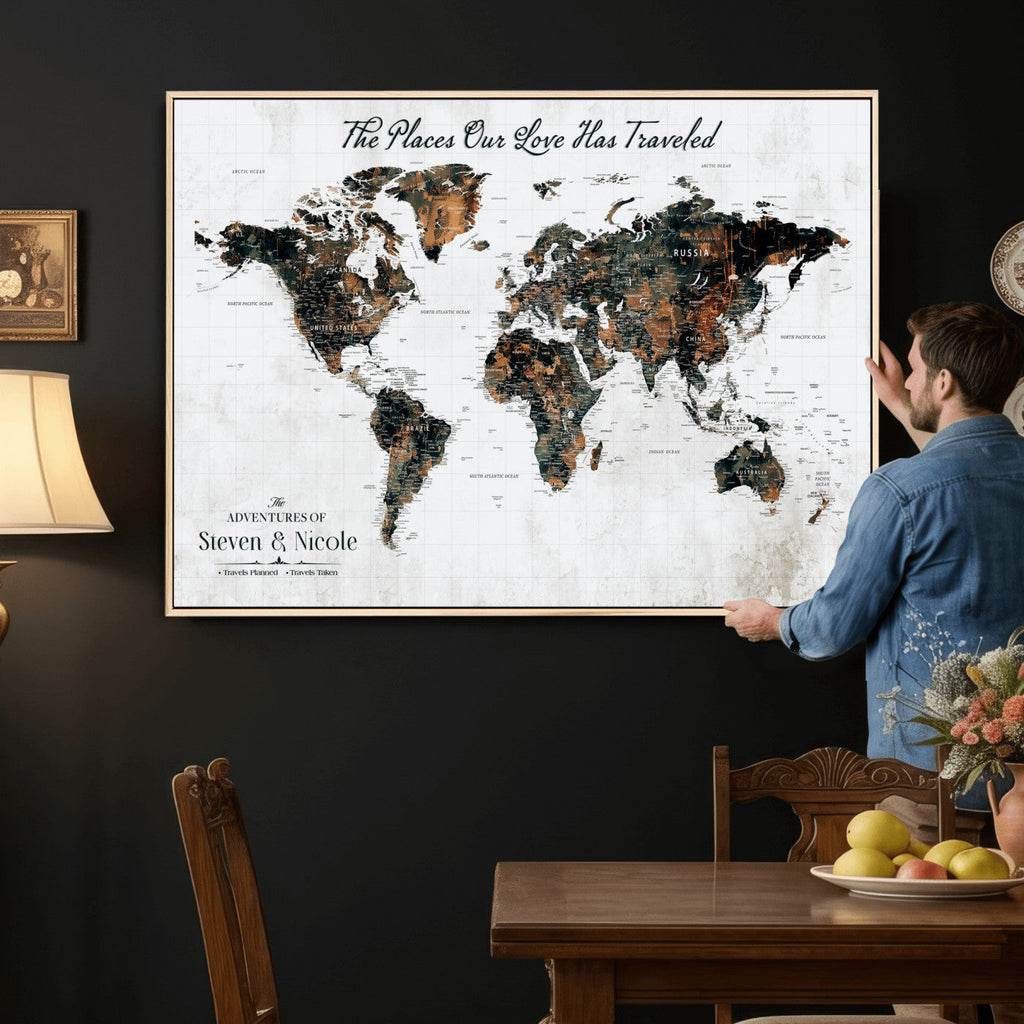 Custom Navy Geometric Push Pin World Map Canvas Print, Bucket List Map, Living Room and Home Office Decor