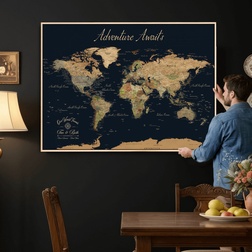 Personalized Navy Geometric World Map Canvas with Push Pins, Honeymoon and Anniversary Gift, Home Office and Hallway Decor