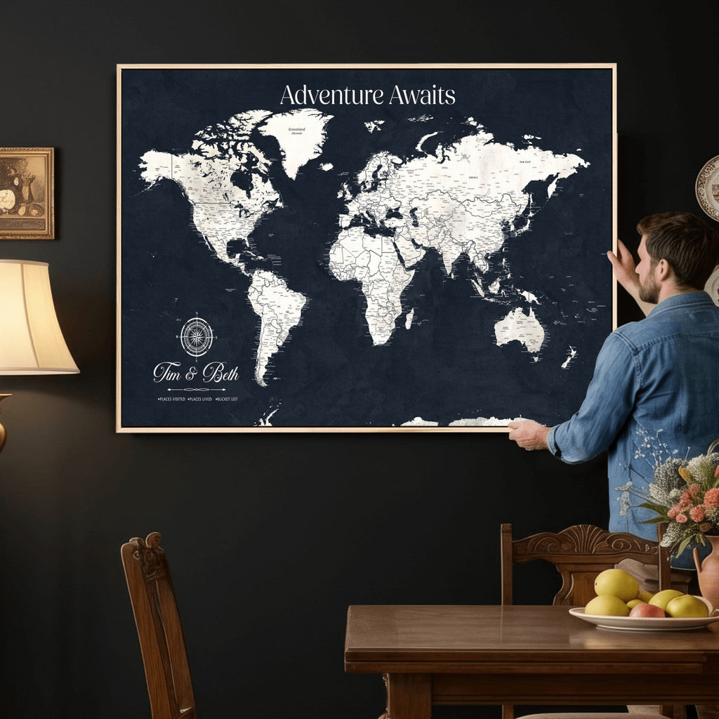 Custom World Map Wall Art Canvas Print | Personalized Push Pin Travel Tracker
