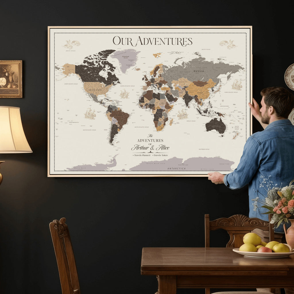 Personalized Travel Tracker Map with Pins, Framed World Map for Home and Office