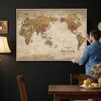 Personalized Framed Navy Modern World Map Canvas with Push Pins, Bucket List Map, Living Room and Entryway Decor
