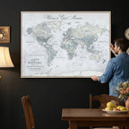Personalized Beige Antique Push Pin World Map Canvas Print, Family Travel Tracker, Family Room and Entryway Decor