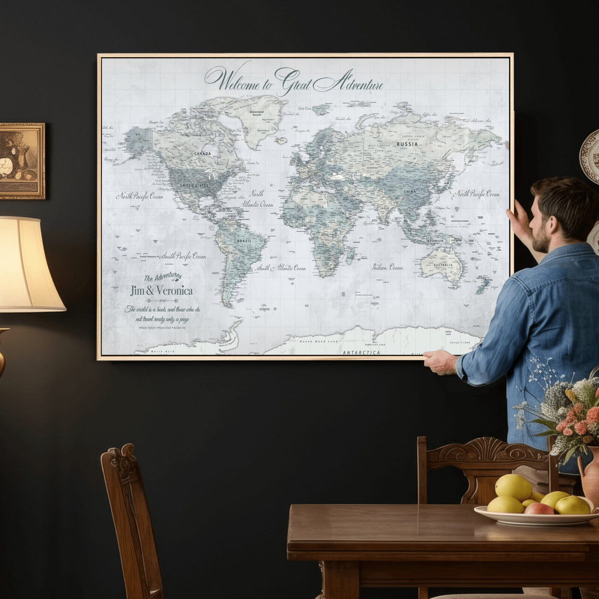 Personalized Beige Antique Push Pin World Map Canvas Print, Family Travel Tracker, Family Room and Entryway Decor