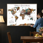 Custom Framed Beige Modern Push Pin World Map Wall Art, Couples Countries Visited Map, Study and Entryway Decor