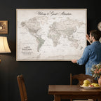 Personalized Beige World Map Canvas with Push Pins, Places Visited Tracker, Family Room and Entryway Decor