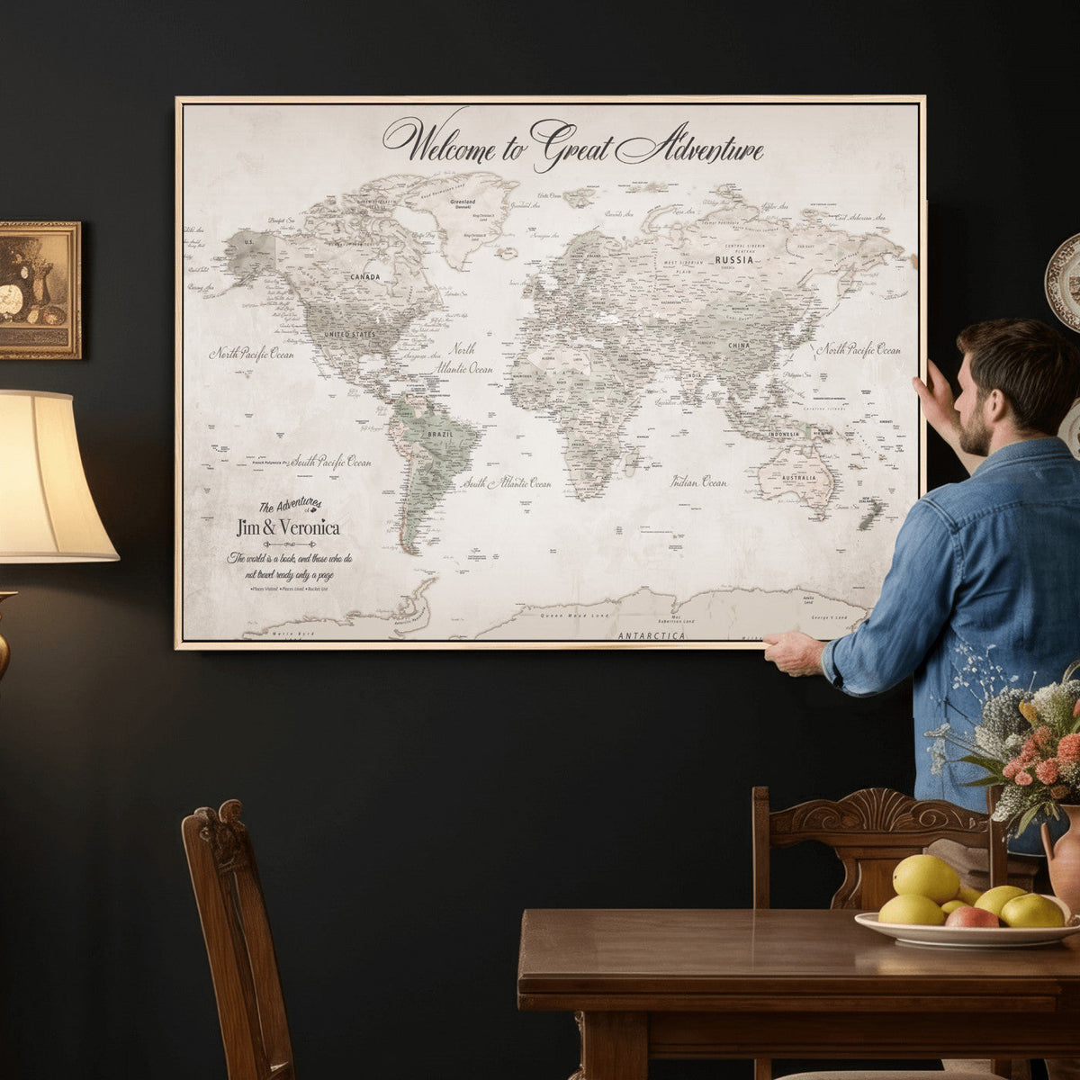Personalized Beige World Map Canvas with Push Pins, Places Visited Tracker, Family Room and Entryway Decor
