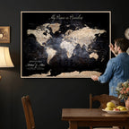 Personalized Beige World Map Canvas with Push Pins, Couples Countries Visited Map, Study and Hallway Decor