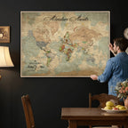 Custom Beige World Travel Map Wall Art with Pins, Bucket List Map, Dining Room and Study Decor