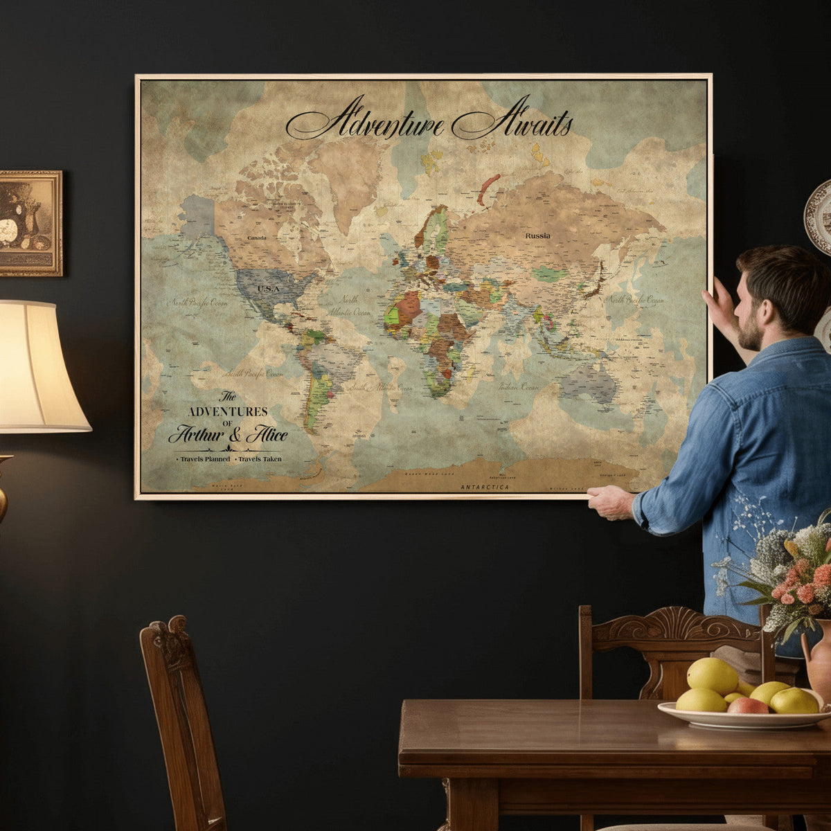 Custom Beige World Travel Map Wall Art with Pins, Bucket List Map, Dining Room and Study Decor