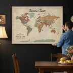 Custom Beige Push Pin World Map Canvas Print, Next Trip Planner Map, Family Room and Study Decor