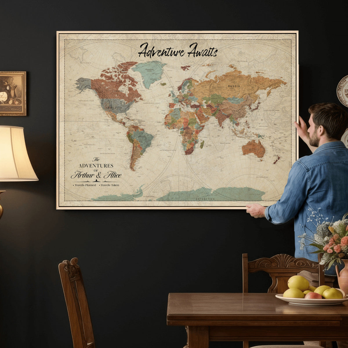Custom Beige Push Pin World Map Canvas Print, Next Trip Planner Map, Family Room and Study Decor