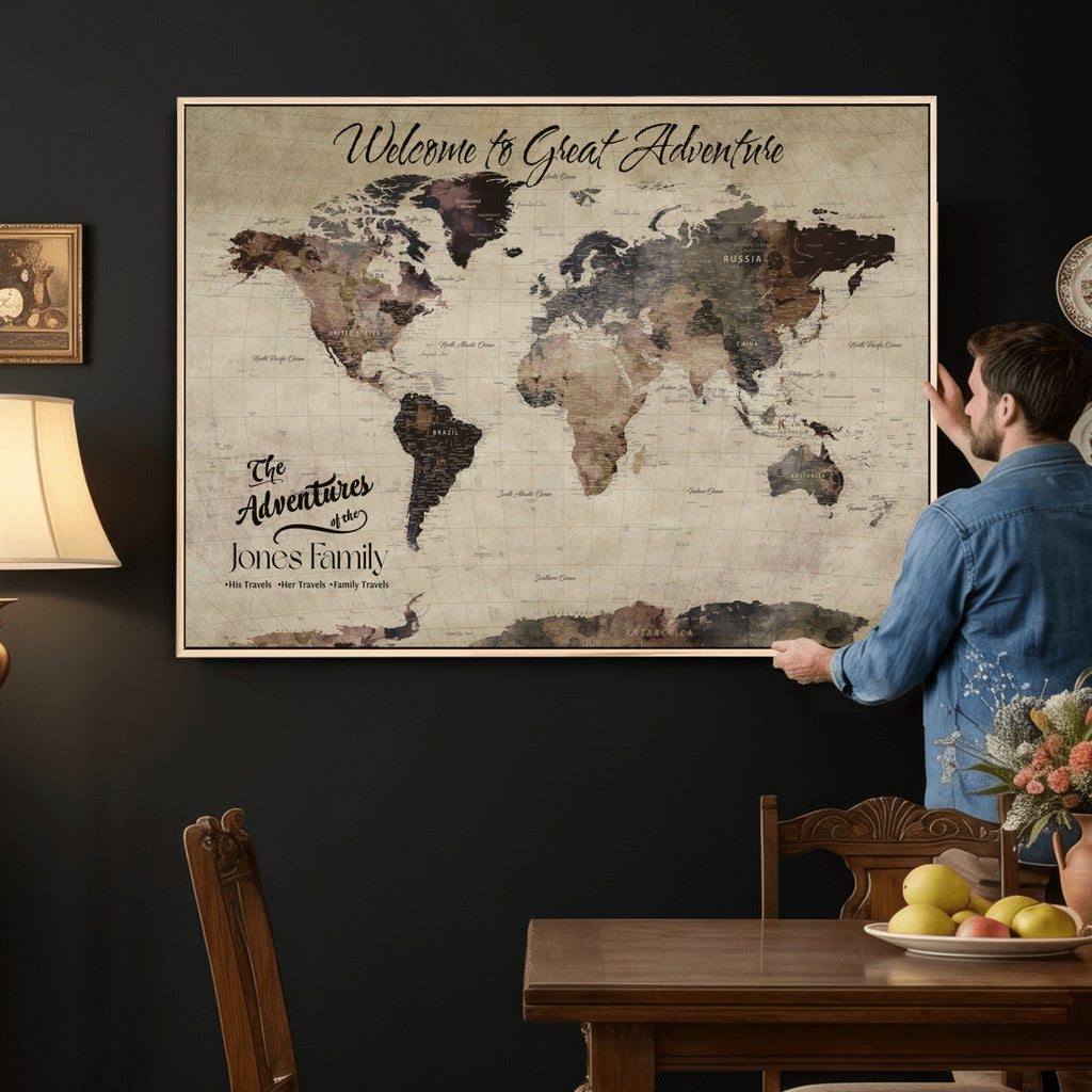 Custom Beige Modern Push Pin World Map Wall Art, Honeymoon and Anniversary Gift, Dining Room and Study Decor