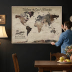 Custom Beige Modern Push Pin World Map Wall Art, Honeymoon and Anniversary Gift, Dining Room and Study Decor
