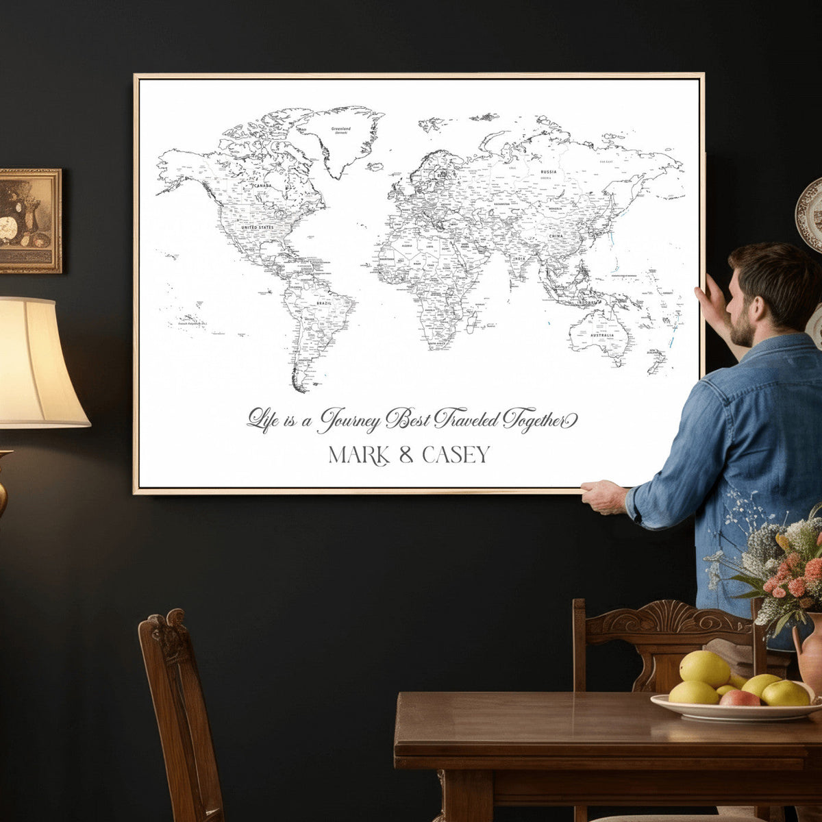 Personalized Framed Beige Modern Push Pin Travel Map Canvas Print, Couples Countries Visited Map, Living Room and Family Room Decor