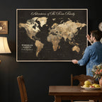 Personalized Framed Beige World Travel Map Wall Art with Pins, Couples Countries Visited Map, Family Room and Dining Room Decor