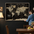 Personalized Framed Black Modern World Map Canvas with Push Pins, Next Trip Planner Map, Dining Room and Home Office Decor