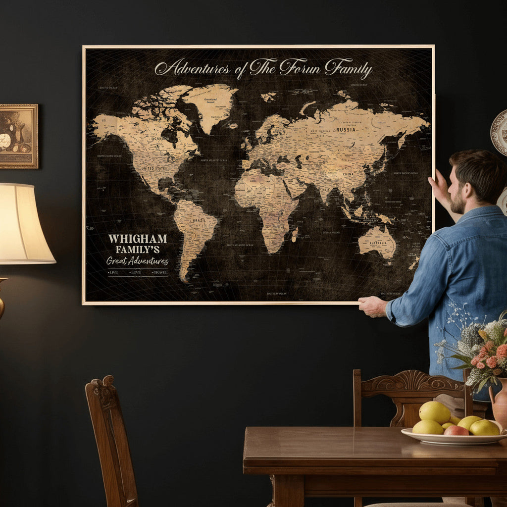 Personalized Framed Beige Geometric Push Pin Travel Map Canvas Print, Honeymoon and Anniversary Gift, Dining Room and Hallway Decor
