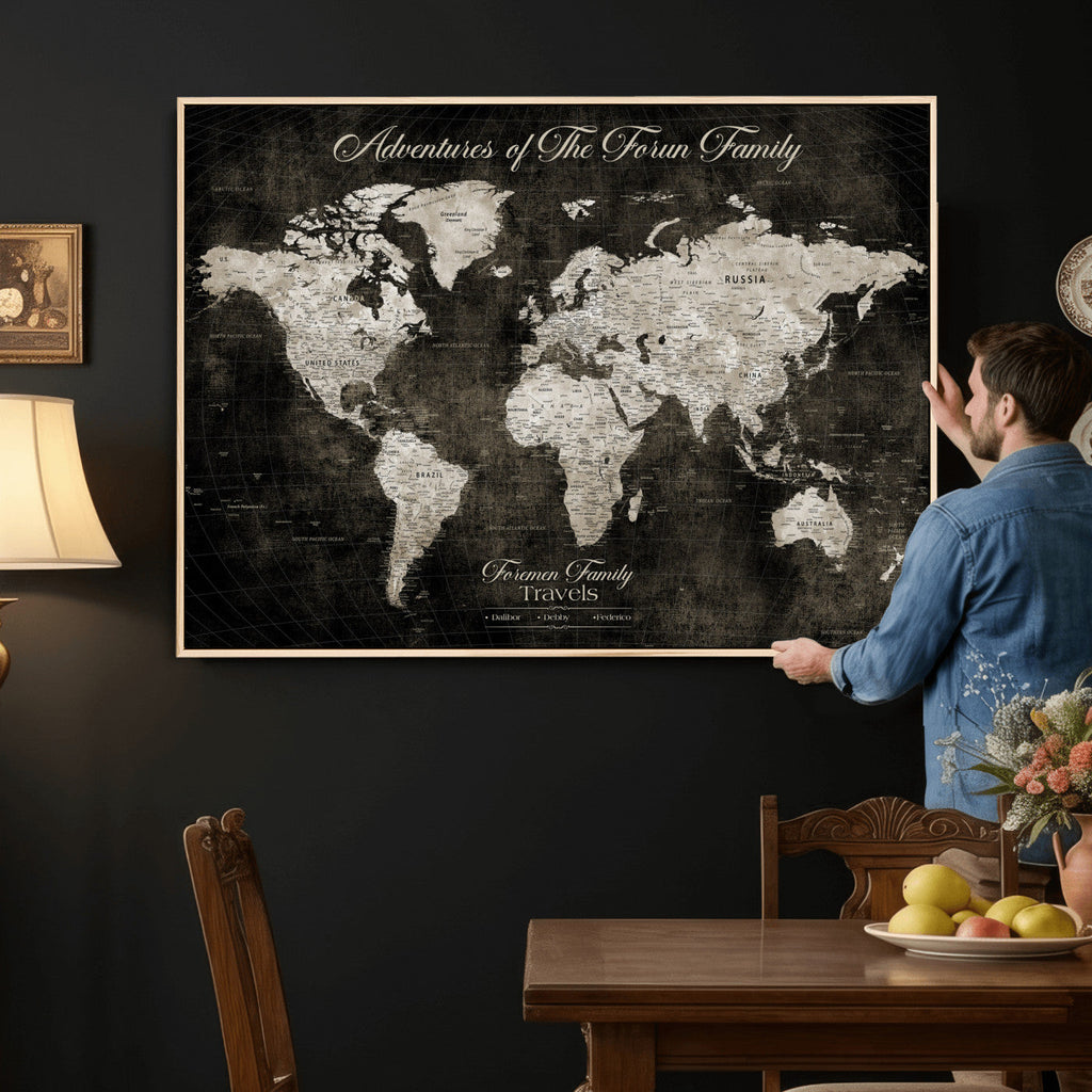 Personalized Framed Beige Push Pin World Map Canvas Print, Couples Countries Visited Map, Dining Room and Study Decor