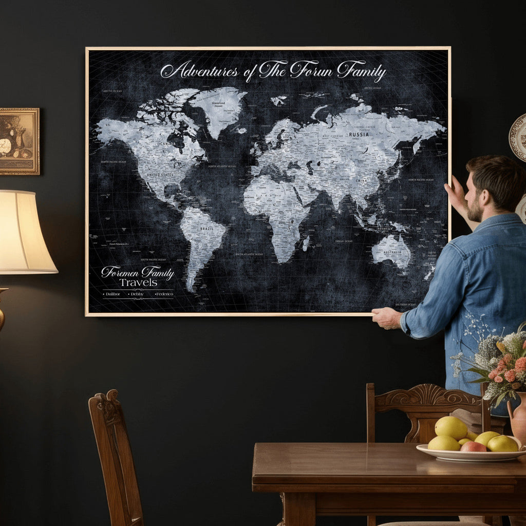 Personalized Framed Beige Modern Push Pin World Map Wall Art, Places Visited Tracker, Family Room and Dining Room Decor