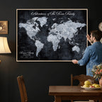 Personalized Framed Beige Modern Push Pin World Map Wall Art, Places Visited Tracker, Family Room and Dining Room Decor
