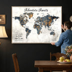 Custom Framed Beige Geometric World Travel Map Wall Art with Pins, Places Visited Tracker, Family Room and Home Office Decor