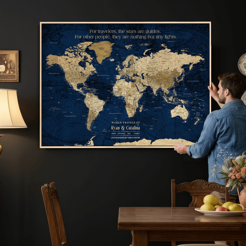 Personalized Framed Black Push Pin Travel Map Canvas Print, Next Trip Planner Map, Dining Room and Bedroom Decor