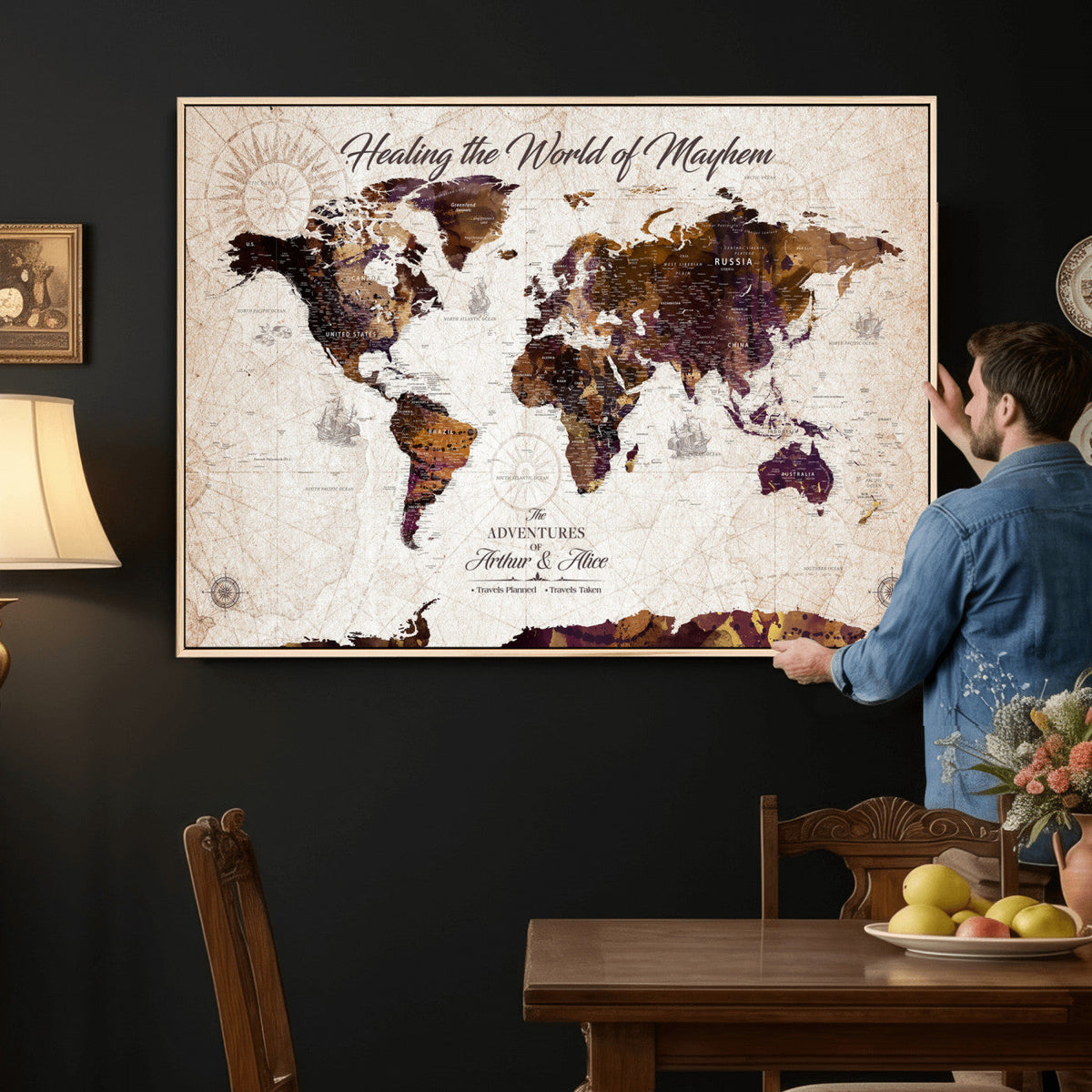 Personalized Framed Navy World Travel Map Wall Art with Pins, Honeymoon and Anniversary Gift, Living Room and Bedroom Decor