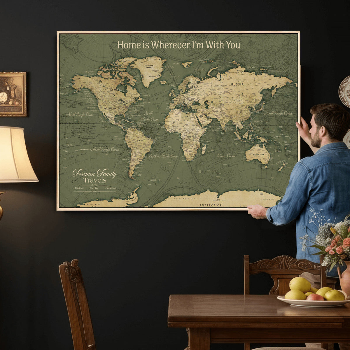 Personalized Framed Beige Geometric Push Pin World Map Canvas Print, Honeymoon and Anniversary Gift, Dining Room and Bedroom Decor