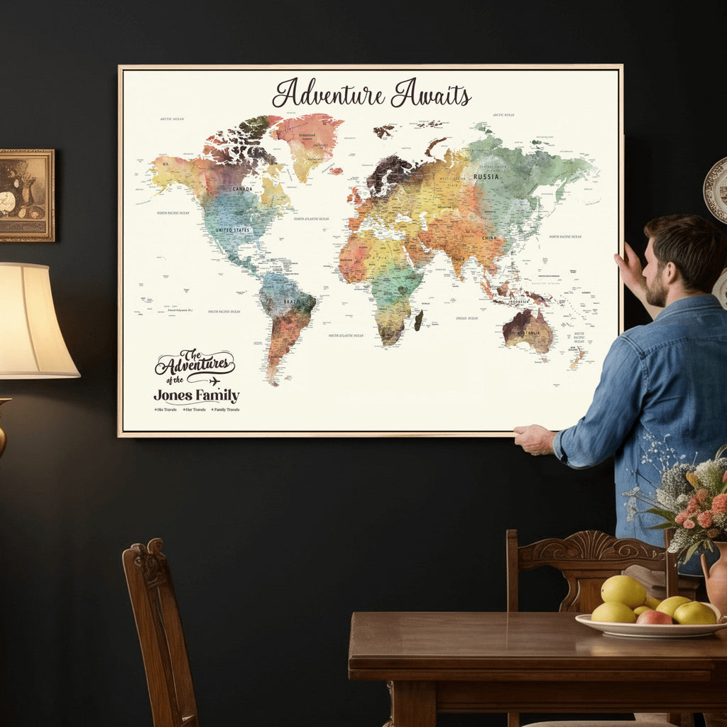 Custom Beige World Map Canvas with Push Pins, Honeymoon and Anniversary Gift, Dining Room and Entryway Decor