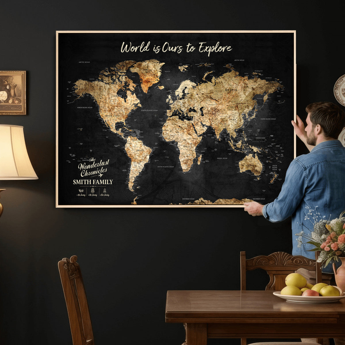 Personalized Framed Black Beige Modern World Travel Map Wall Art with Pins, Bucket List Map, Living Room and Hallway Decor