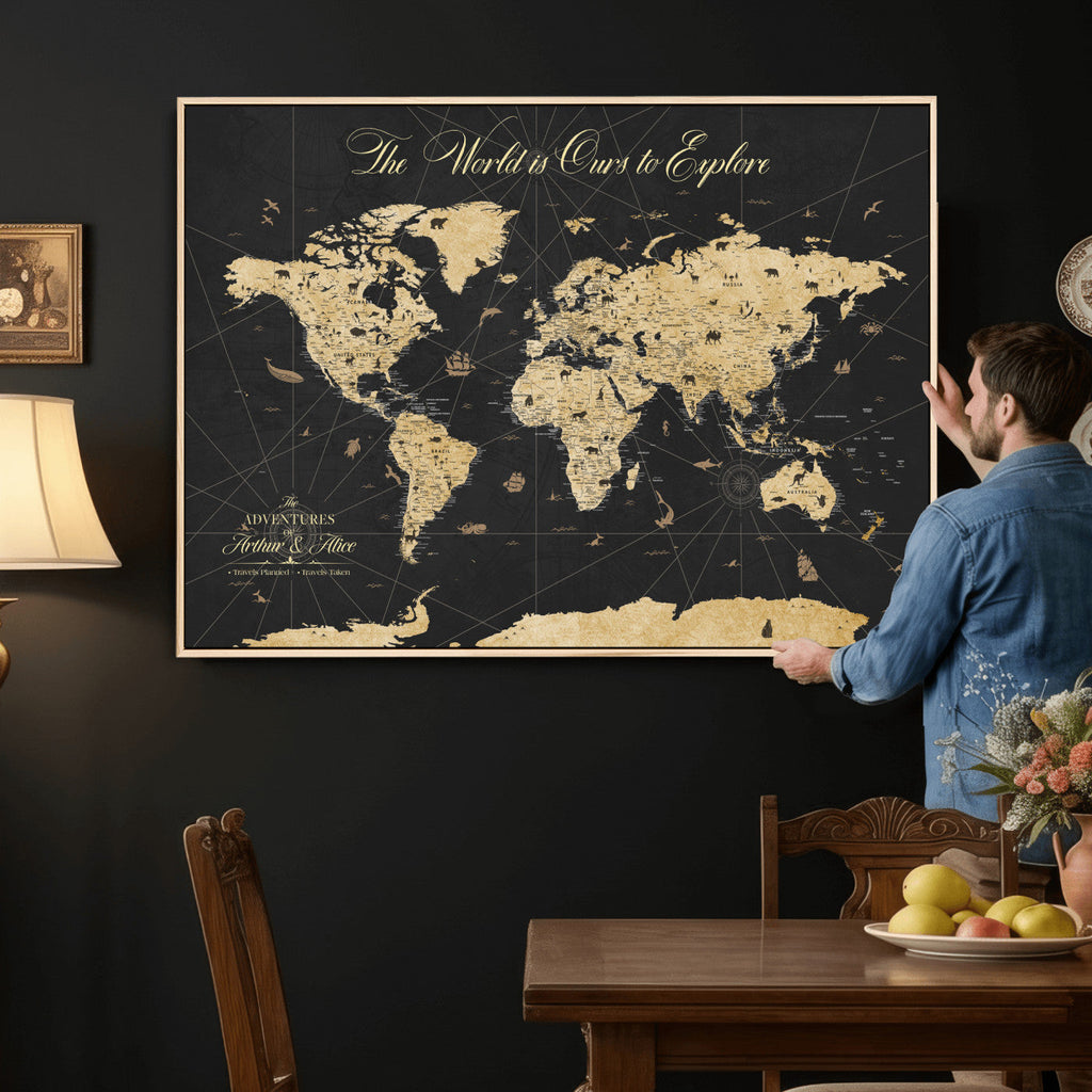 Custom Push Pin World Map Canvas Print, Couples Countries Visited Map, Living Room and Home Office Decor