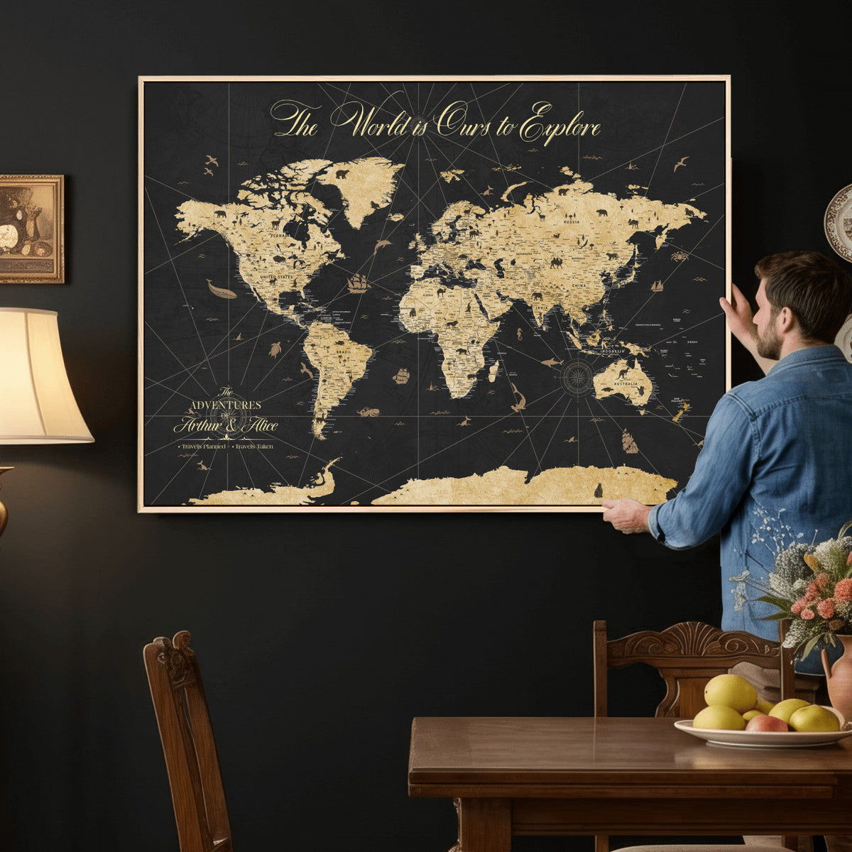 Custom Push Pin World Map Canvas Print, Couples Countries Visited Map, Living Room and Home Office Decor