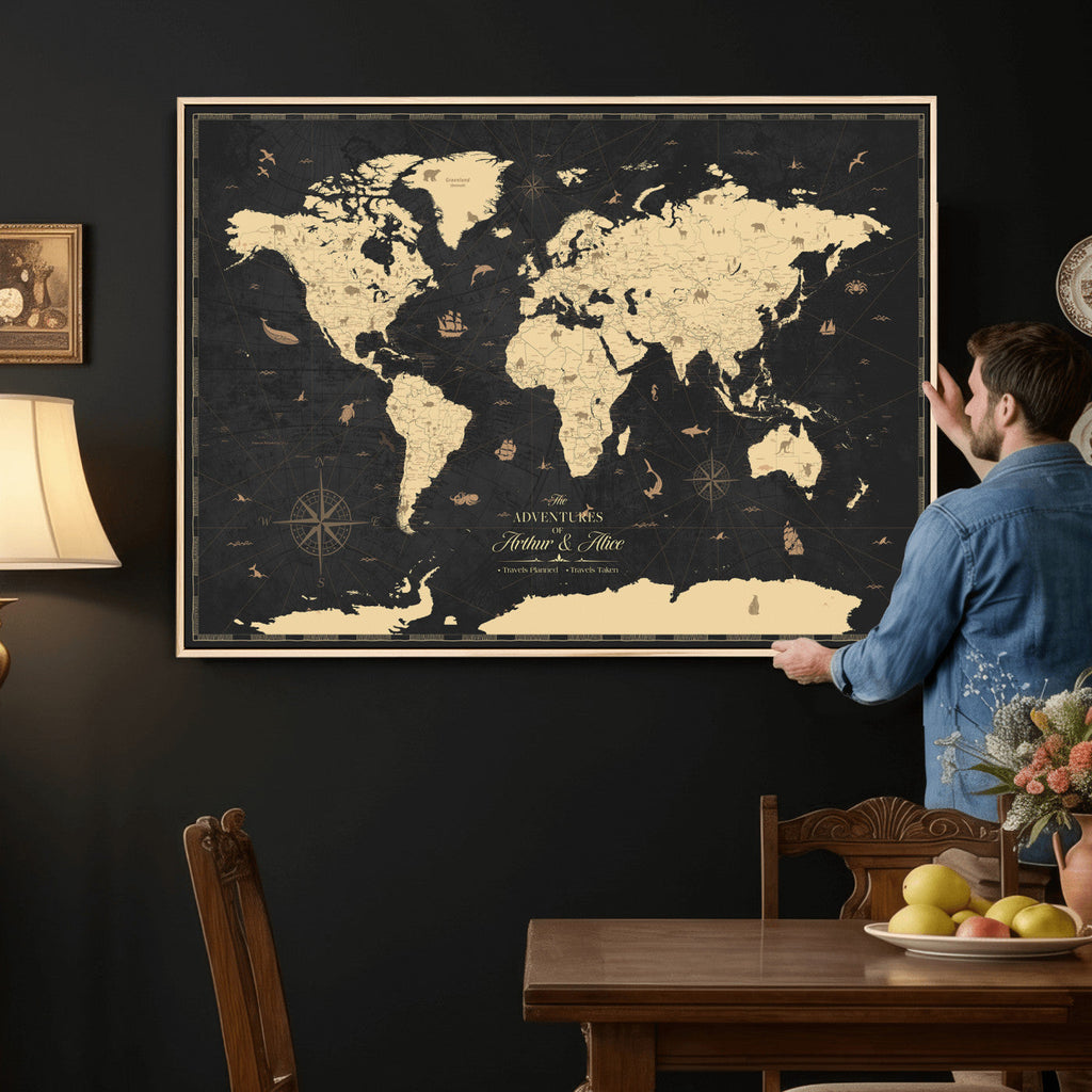 Personalized Beige Push Pin World Map Canvas Print, Places Visited Tracker, Home Office and Study Decor