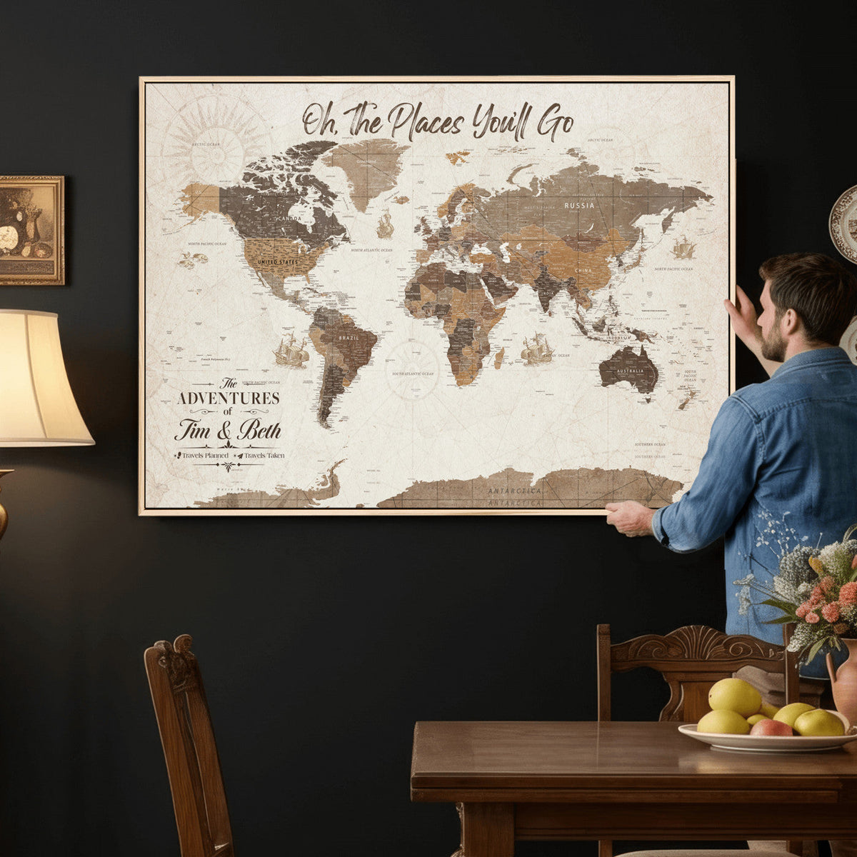 Custom Beige World Travel Map Wall Art with Pins, Couples Countries Visited Map, Living Room and Study Decor