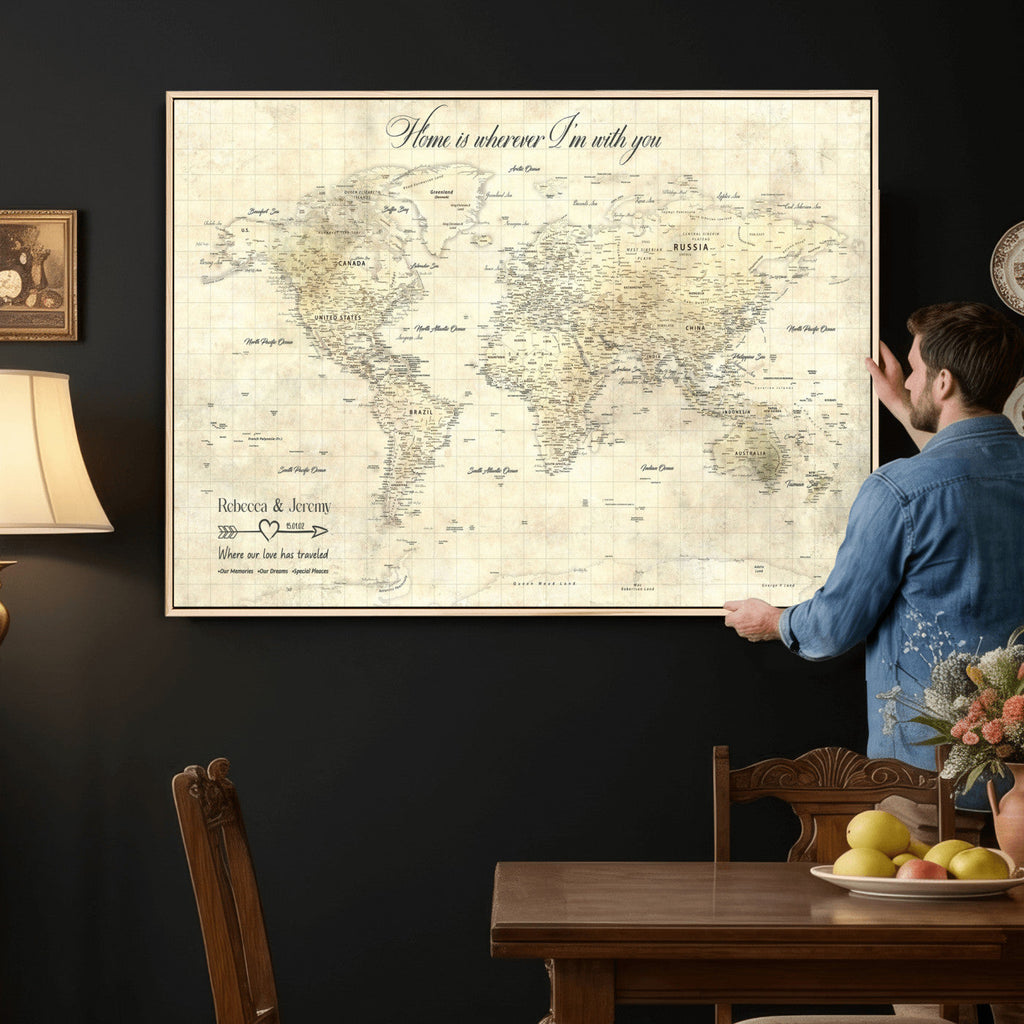 Personalized Beige Modern Push Pin World Map Wall Art, Honeymoon and Anniversary Gift, Bedroom and Study Decor